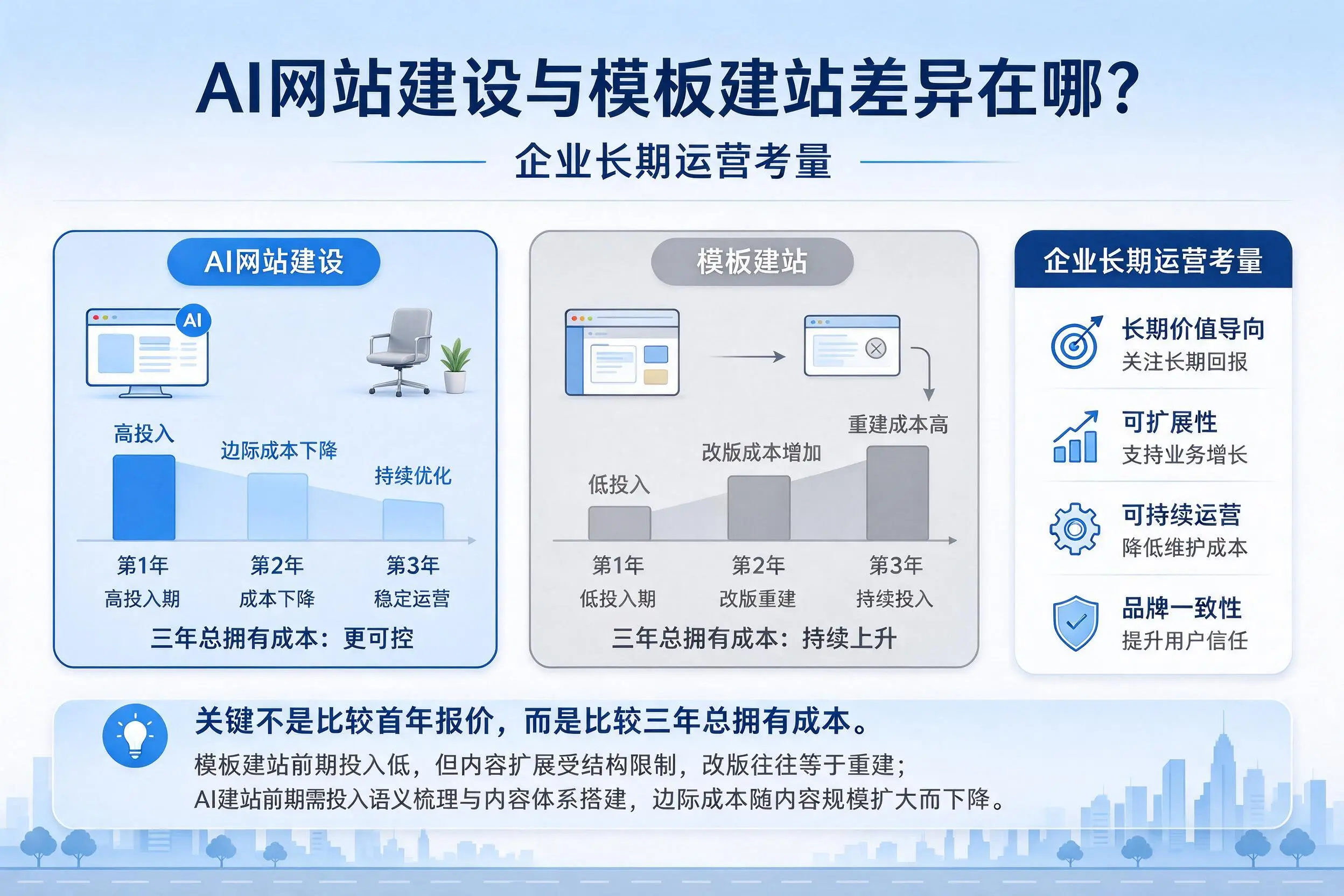 AI网站建设与模板建站差异在哪？白杨企业长期运营考量